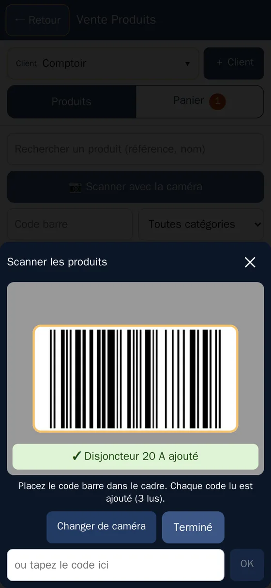 Lecture d'un code barre avec la caméra du téléphone dans Gaïndé